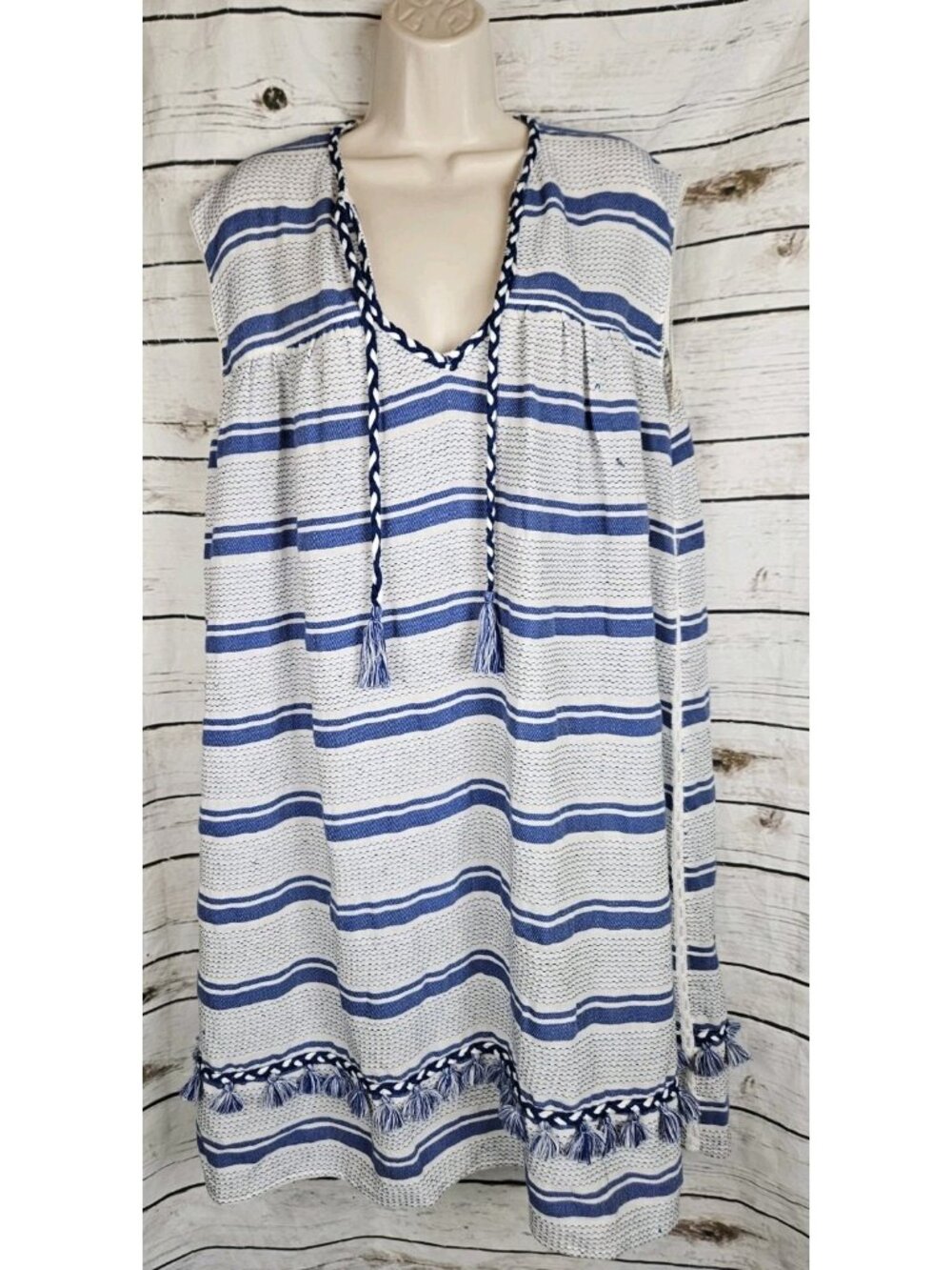 Corey Lynn Calter Blue Striped Woven Peasant Dress M Tassels Coastal Sleeveless